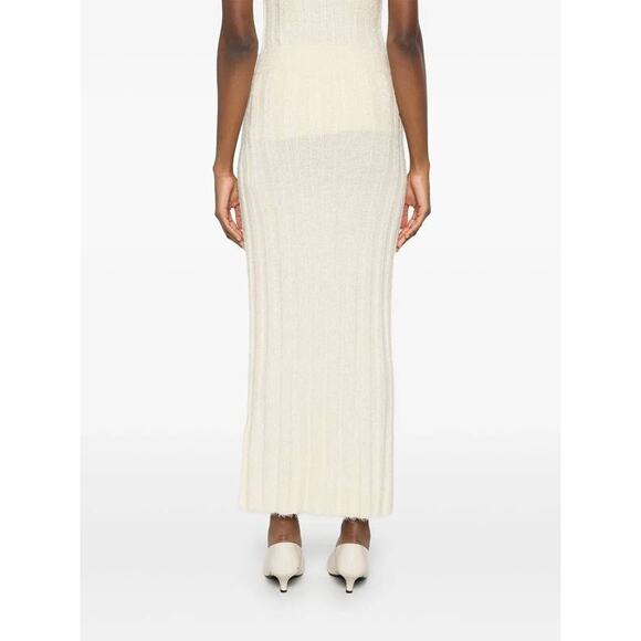 KHAITE Claire Ribbed Brushed Silk and Cashmere Midi Skirt in Cream M - Picture 2 of 5